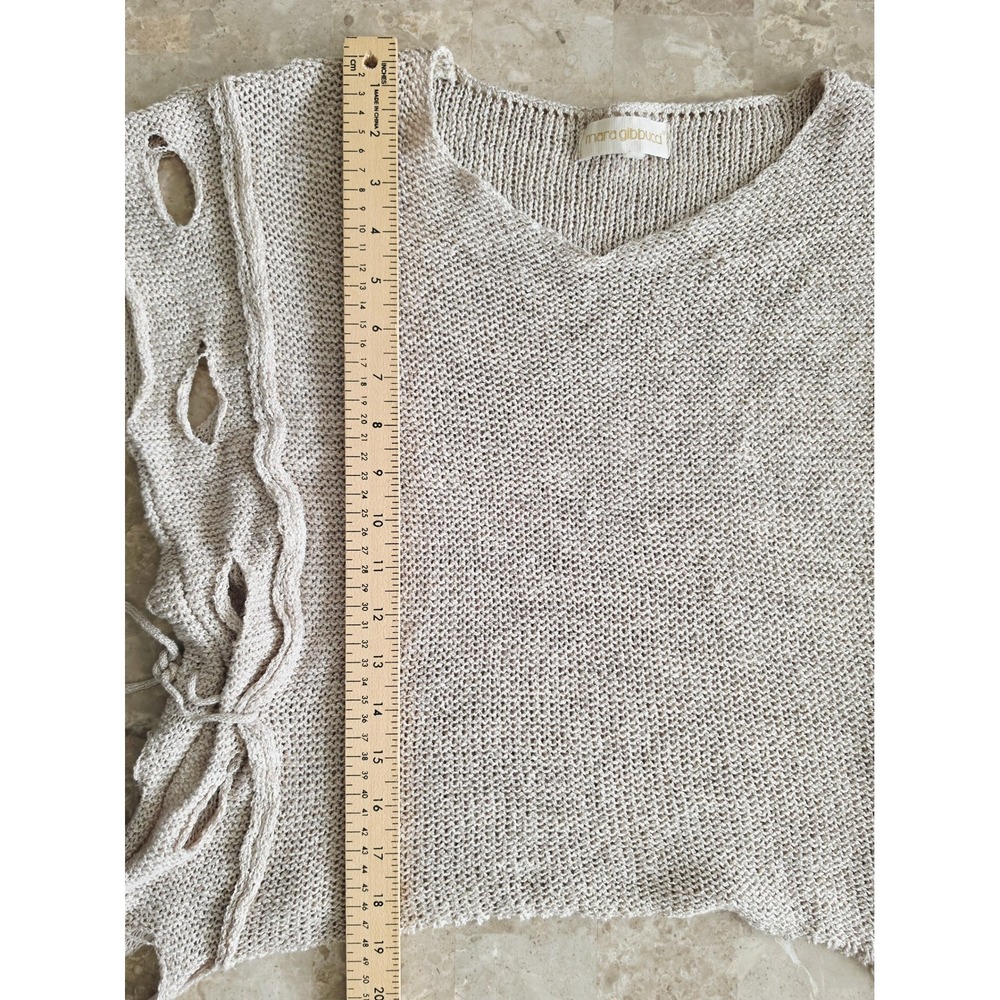 MARA GIBBUCCI Beige Lagenlook V-Neck Knit Top Side Tie Tassels Open Stitch M - Picture 16 of 16